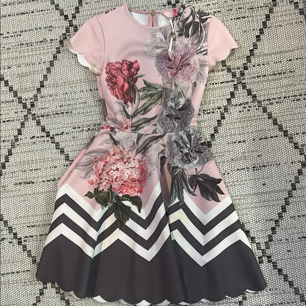 Ted Baker Pink and Black Floral Midi Dress